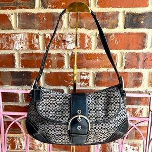 Coach Signature Soho Black Leather Monogram Canvas Buckle Shoulder Bag